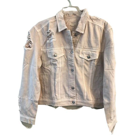 American Eagle Outfitters Jackets & Blazers - NWT AMERICAN EAGLE Misses Denim Jacket Sz MEDIUM Pink Beige Destroy